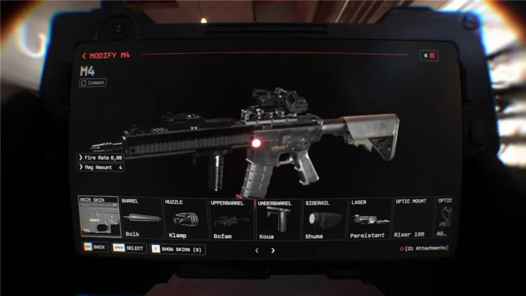 BodyCamのM4武器カスタマイズ画面